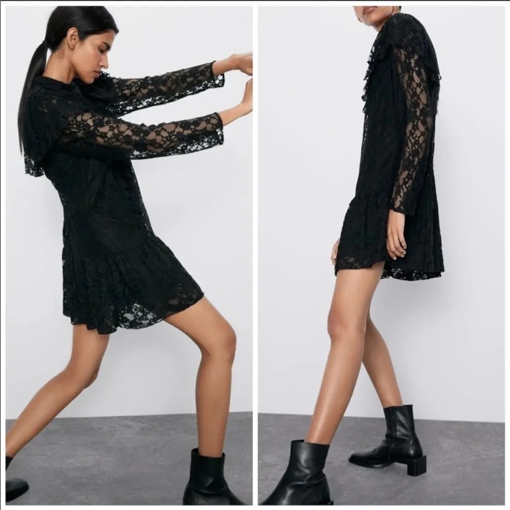 Women Zara Stella Black Lace Long Sleeves Romper Dress Ruffle